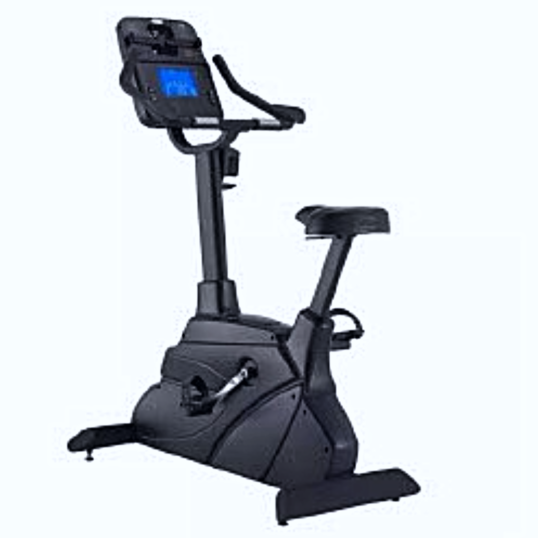 black exercise bike with upright seating